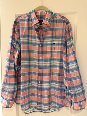 Vineyard Vines Men's Coral Pink & Sky Blue Plaid Button-Down Shirt